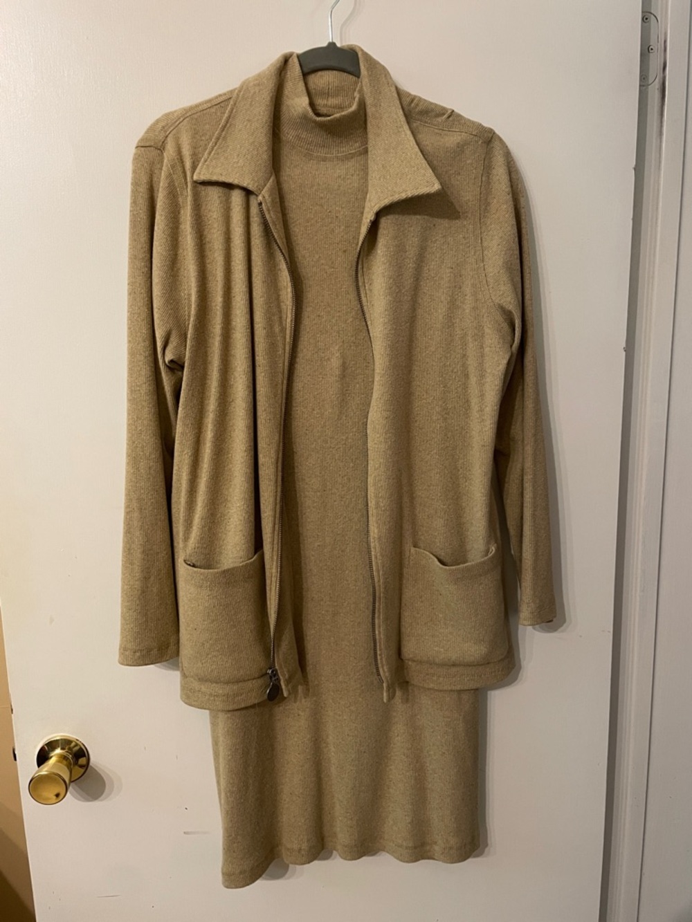 Carol Anderson California Two-Piece Taupe Knit Dress and Zip Cardigan Set Size 6